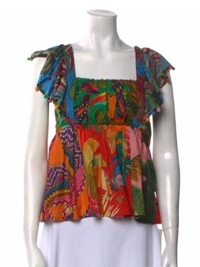 Farm Rio Colorful Tropical Bird Pom Pom Flutter Sleeve Babydoll Tank Top